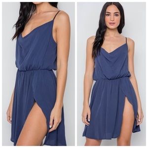 NAVY CAMI COWL NECK SIDE SLIT SIDE MINI DRESS